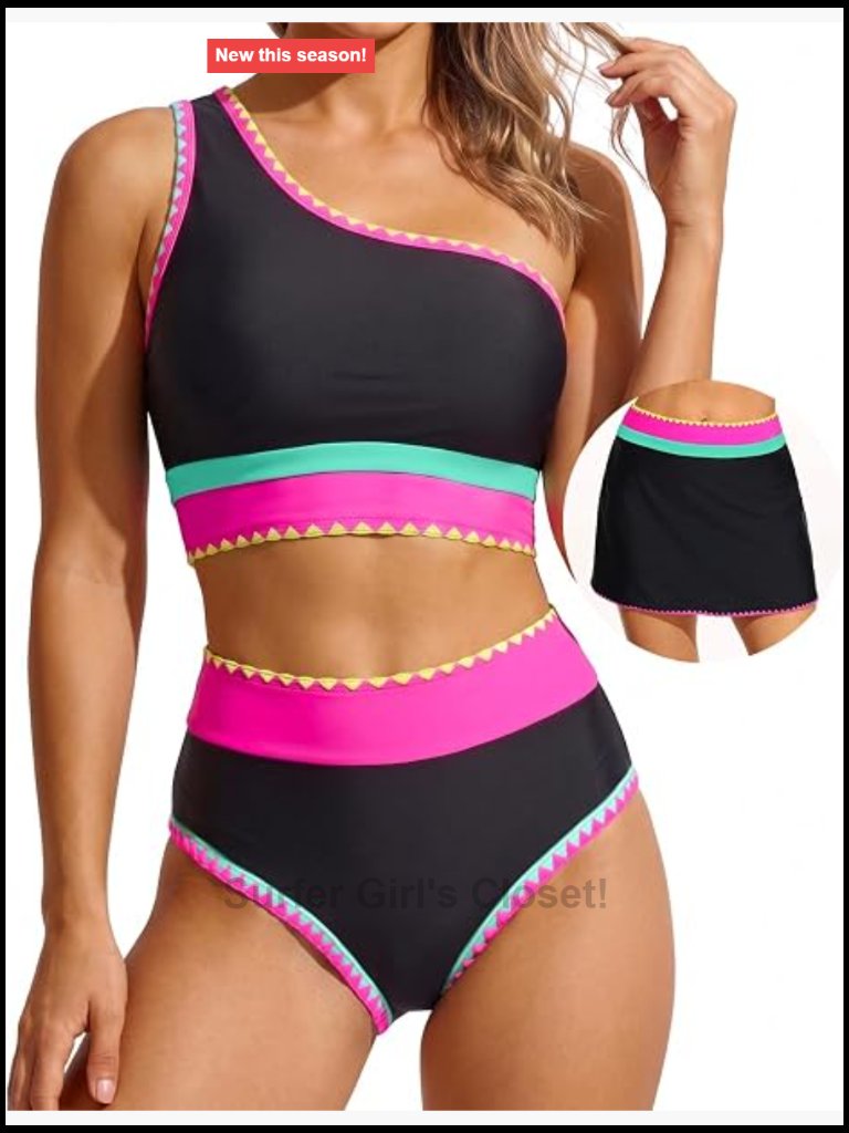3 Piece High Waisted Bikini Set With Swim Skirt One Shoulder Tummy Control